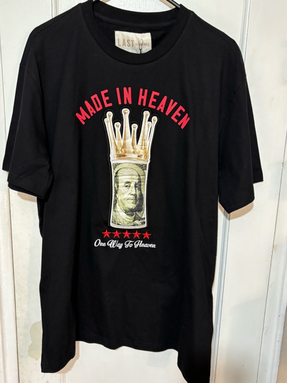 LAST PROJECT Black Graphic Tee - "Made in Heaven" Crown Money Design.